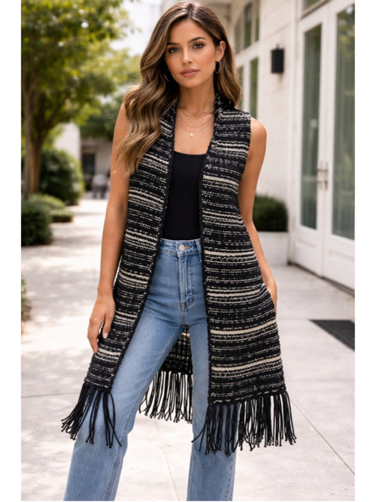 Chico's Jackets & Blazers - Women’s Chico’s Metallic Black Gold Fringe Vest Size 0 Open Front Boho Festival